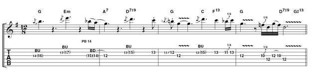 Example 3: right note at the right time.  Over the second half of the progression, you're looking at playing not much more than one carefully chosen note over each chord change. Although this may seem easy, it actually takes a lot of confidence to play this way. So close your eyes and don't rush!